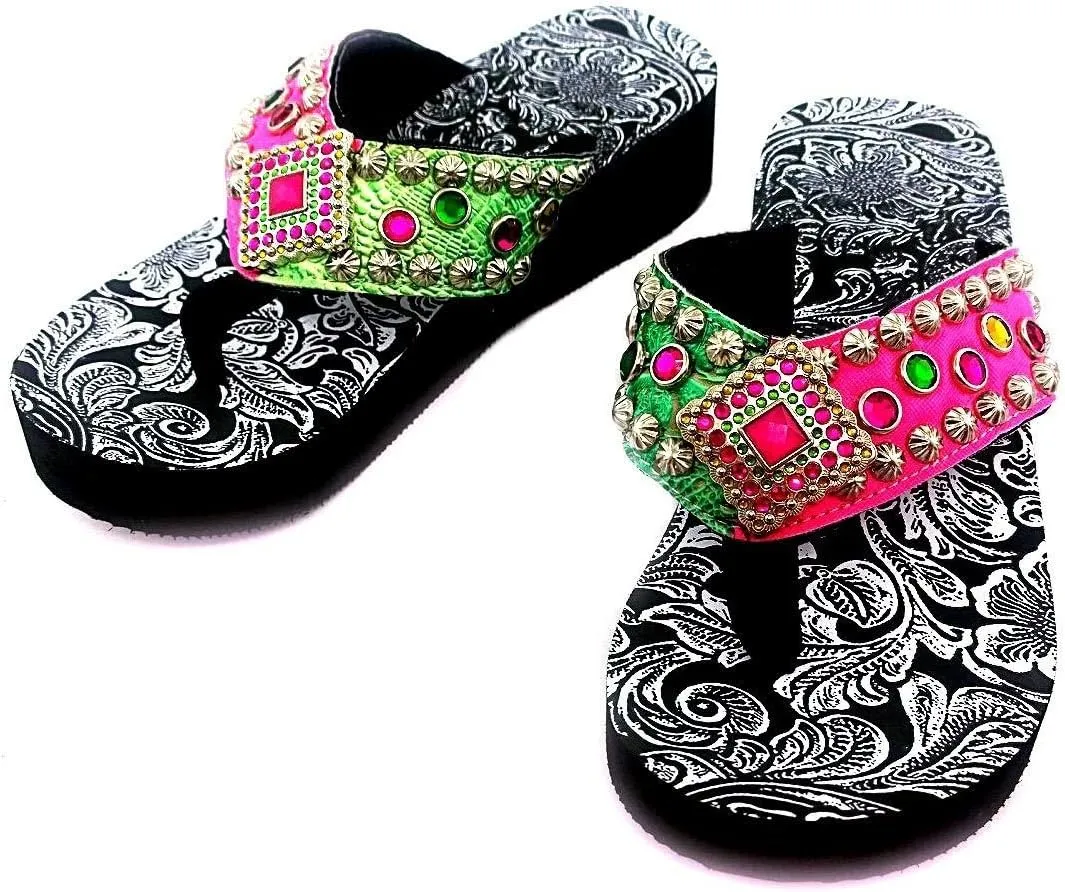 Western Peak Women's Rhinestone Diamond Concho and Studs Multicolor Pink and Green PU Sandal Flip Flop