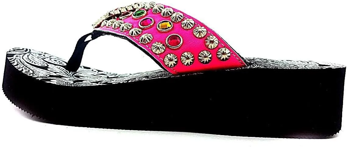 Western Peak Women's Rhinestone Diamond Concho and Studs Multicolor Pink and Green PU Sandal Flip Flop