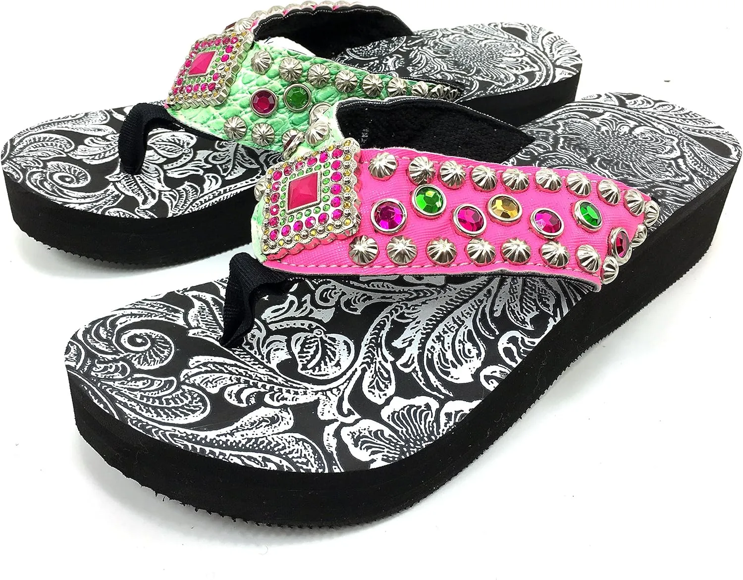 Western Peak Women's Rhinestone Diamond Concho and Studs Multicolor Pink and Green PU Sandal Flip Flop