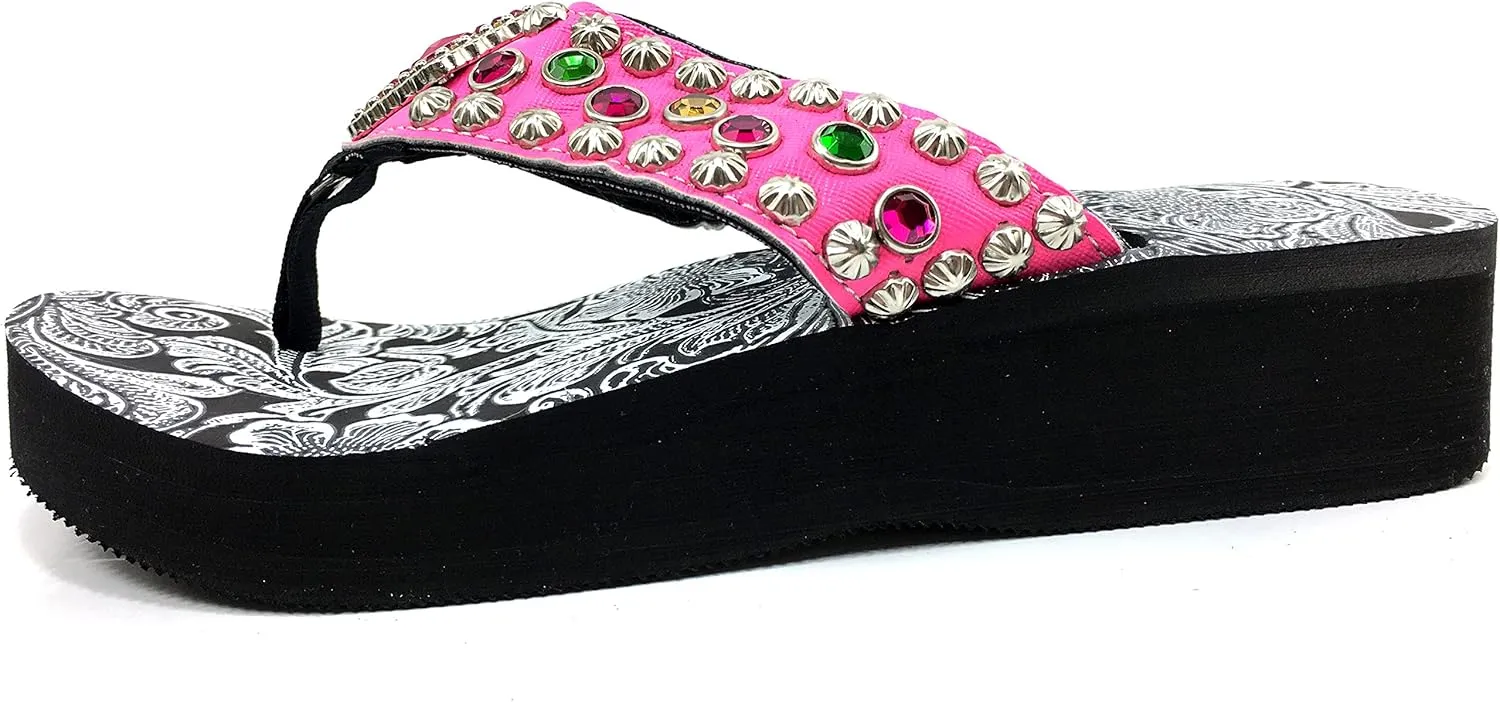 Western Peak Women's Rhinestone Diamond Concho and Studs Multicolor Pink and Green PU Sandal Flip Flop