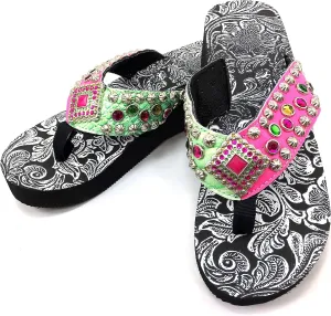 Western Peak Women's Rhinestone Diamond Concho and Studs Multicolor Pink and Green PU Sandal Flip Flop