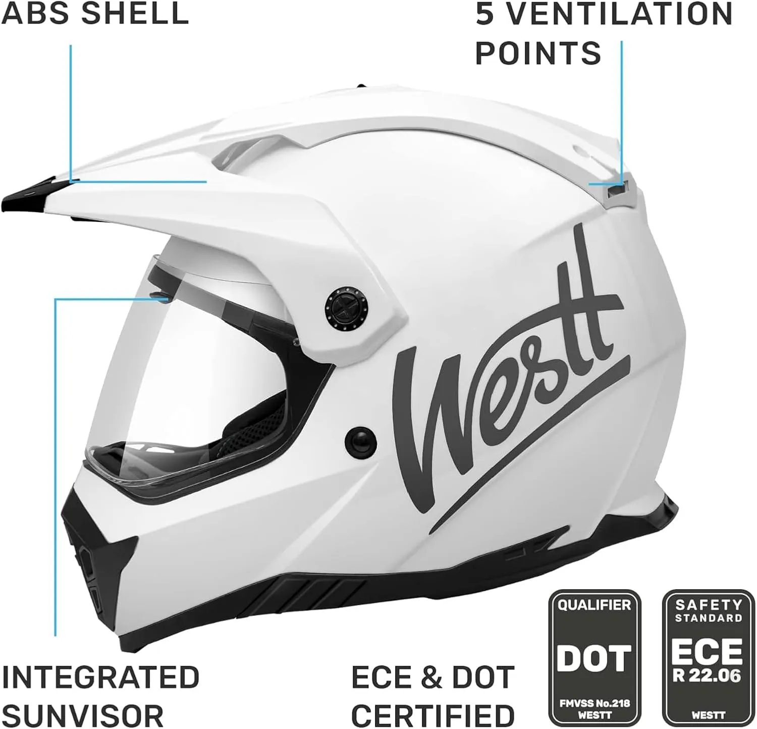 Westt Dual Sport Motorcycle Helmet Off-Road Helmets for Adults, Dual Visor Motorcycle Helmet - Full Face ATV UTV Helmet Dirt Bike Motocross Helmets DOT Approved