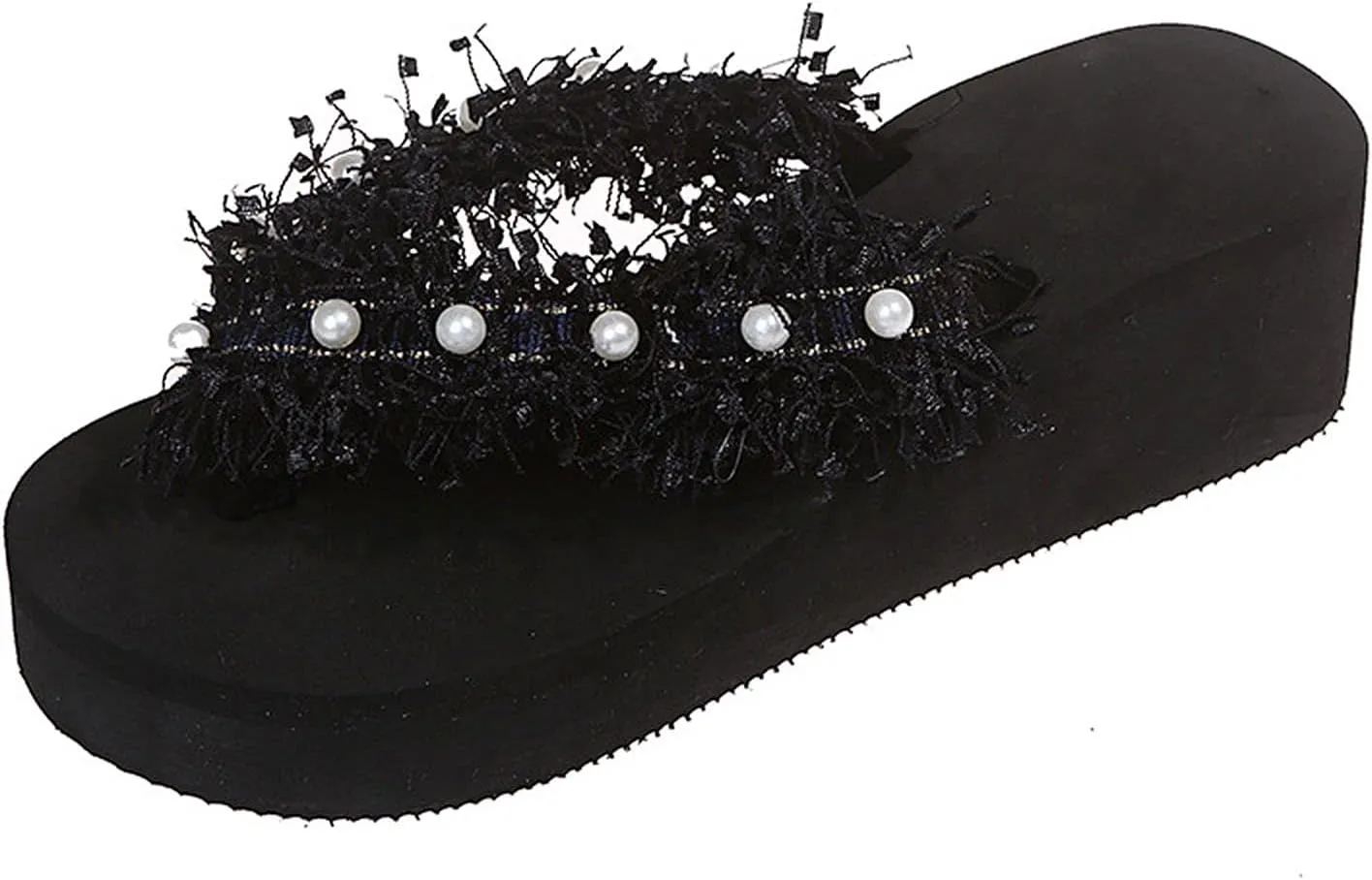 WOilERQ Ladies Fringed Open-Toed Sandals and Slippers Pearl Flip-Flops Flat Sandals Beach Shoes for Outdoor Wear in Summer Suitable for Indoor and Outdoor,Black,40