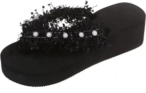 WOilERQ Ladies Fringed Open-Toed Sandals and Slippers Pearl Flip-Flops Flat Sandals Beach Shoes for Outdoor Wear in Summer Suitable for Indoor and Outdoor,Black,40