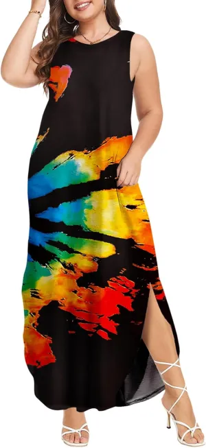 Wolddress Womens 2025 Plus Size Sleeveless Tank Dress Casual Loose Sundress Split Summer Beach Long Maxi Dresses with Pockets