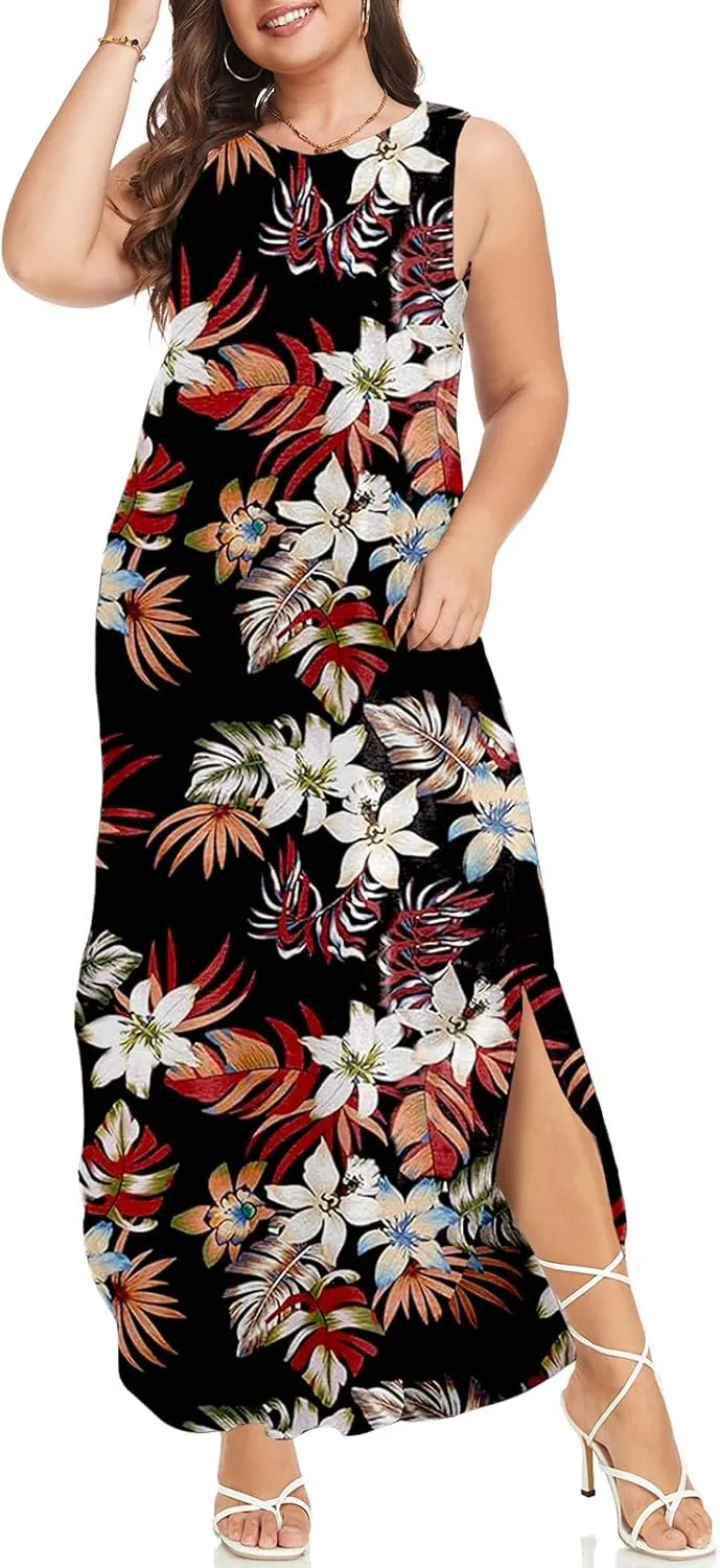 Wolddress Womens 2025 Plus Size Sleeveless Tank Dress Casual Loose Sundress Split Summer Beach Long Maxi Dresses with Pockets