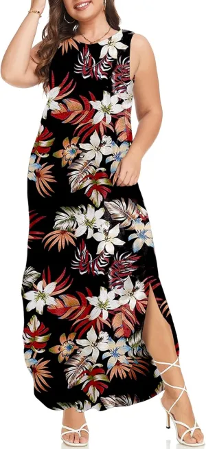 Wolddress Womens 2025 Plus Size Sleeveless Tank Dress Casual Loose Sundress Split Summer Beach Long Maxi Dresses with Pockets
