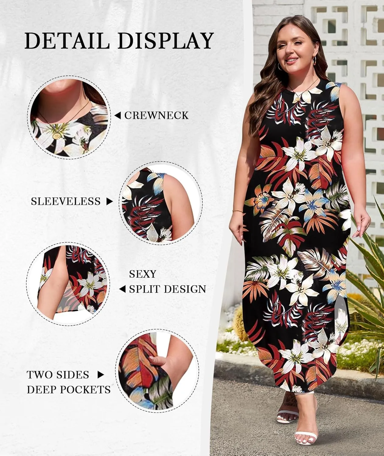 Wolddress Womens 2025 Plus Size Sleeveless Tank Dress Casual Loose Sundress Split Summer Beach Long Maxi Dresses with Pockets