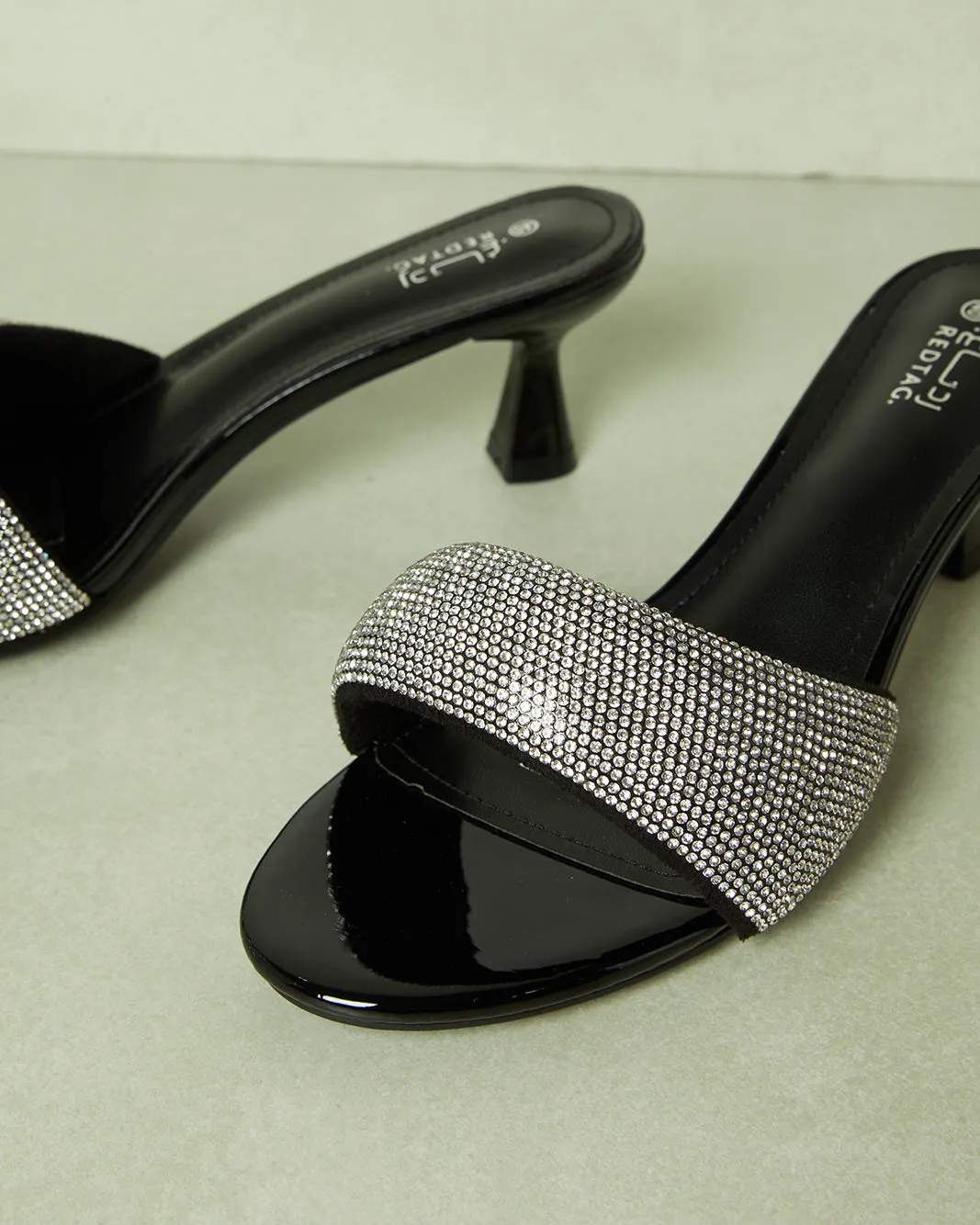 Women Black Embellished Heel Mule