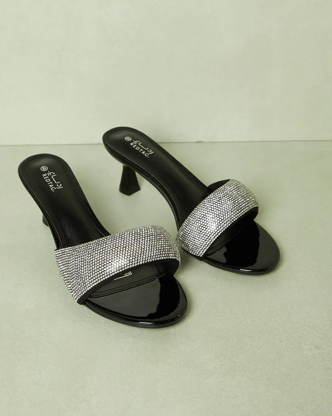 Women Black Embellished Heel Mule