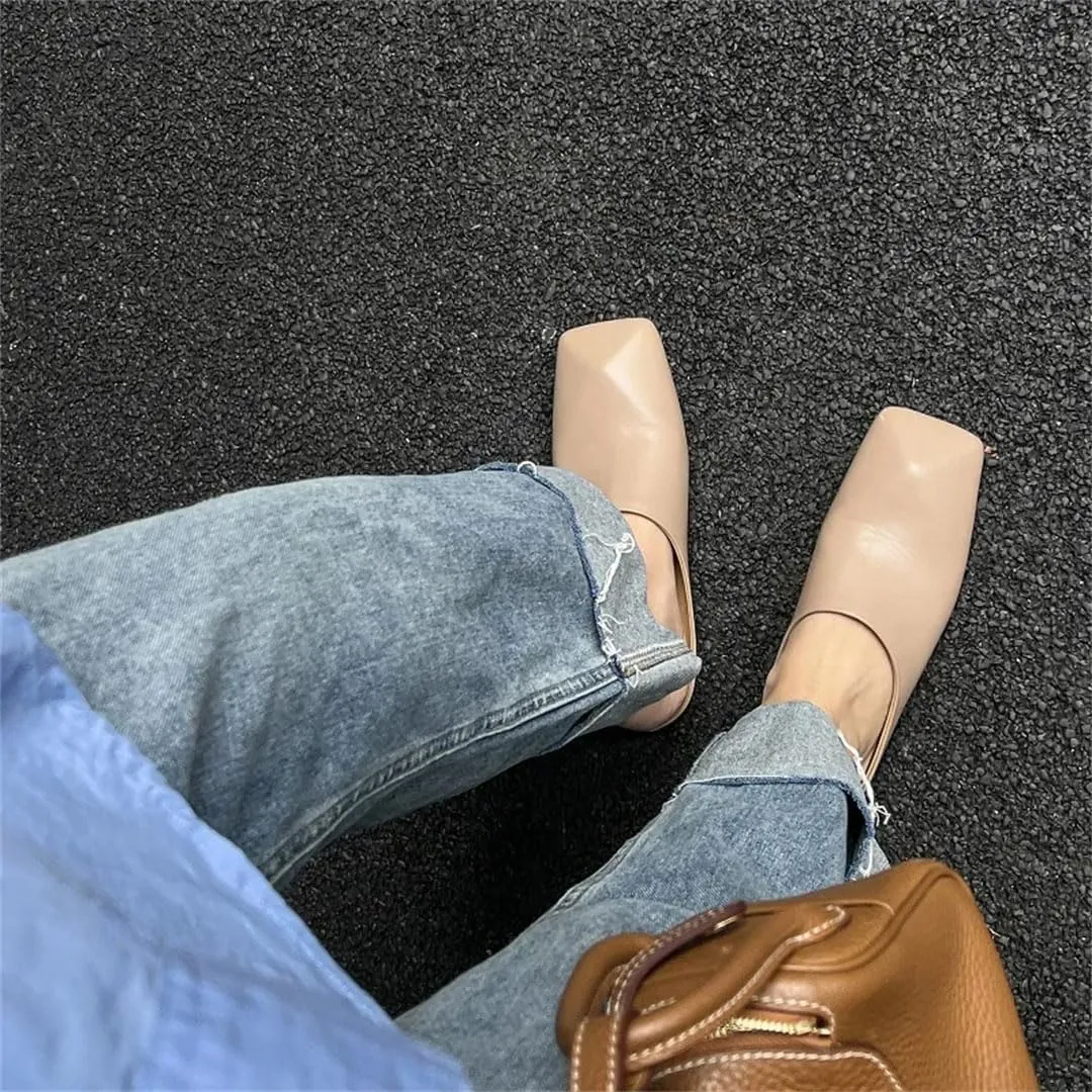 Women Concise Genuine Leather Square Toe Flat Heel Feather Detail Slip On Handmade Mules