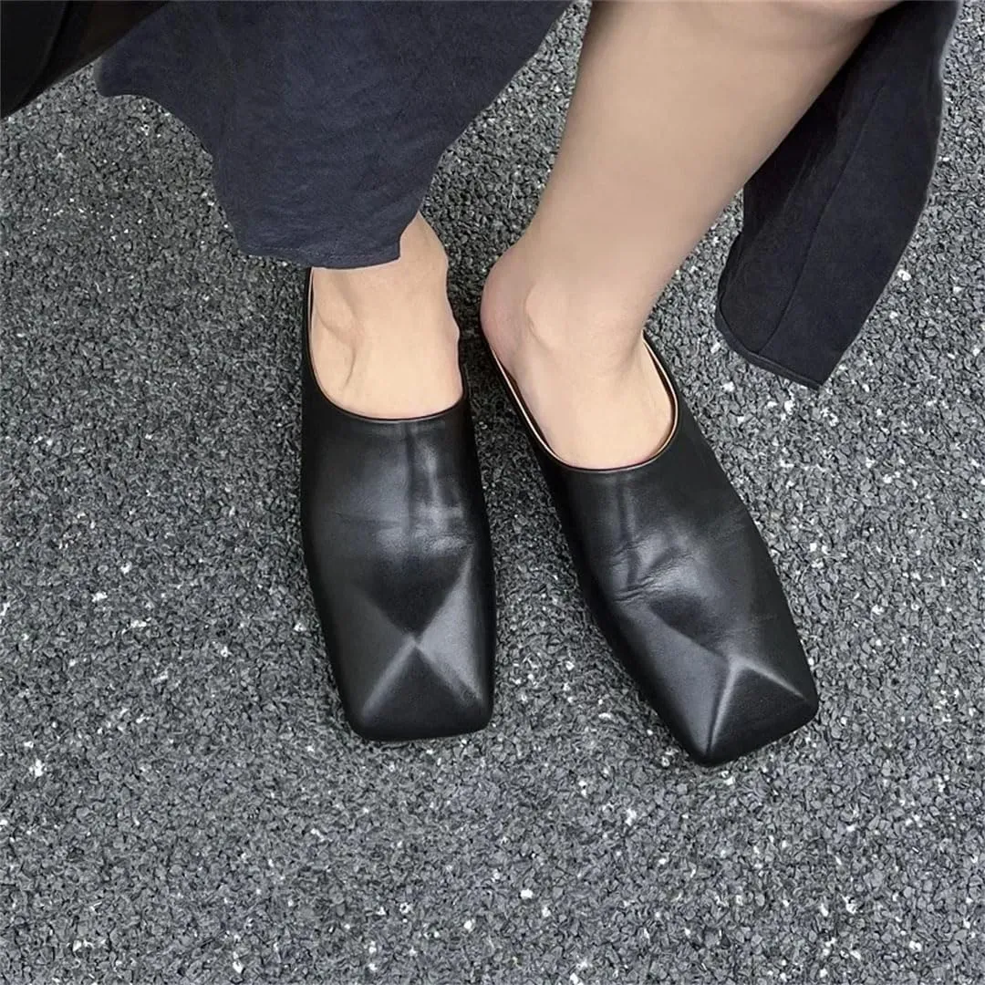 Women Concise Genuine Leather Square Toe Flat Heel Feather Detail Slip On Handmade Mules
