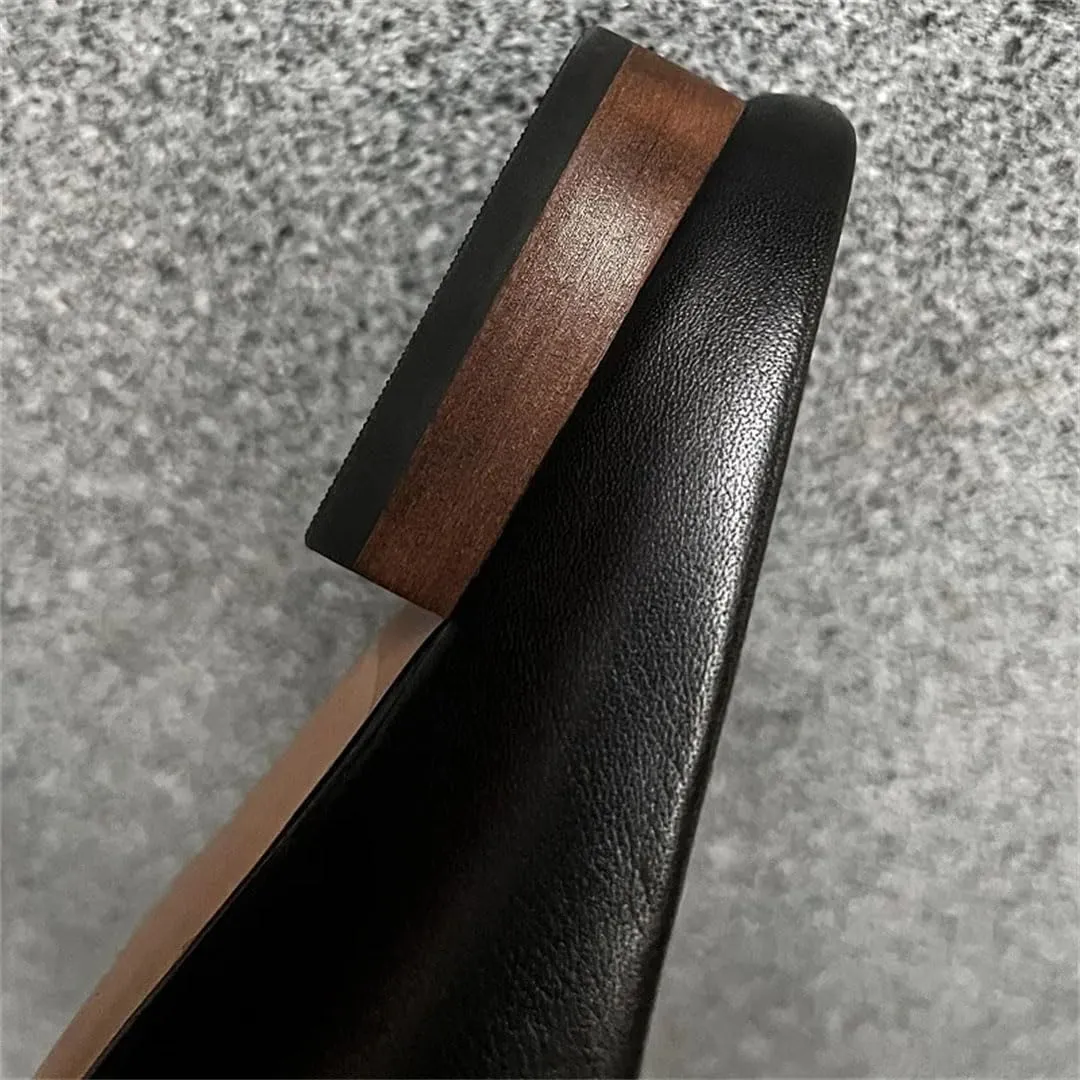 Women Concise Genuine Leather Square Toe Flat Heel Feather Detail Slip On Handmade Mules
