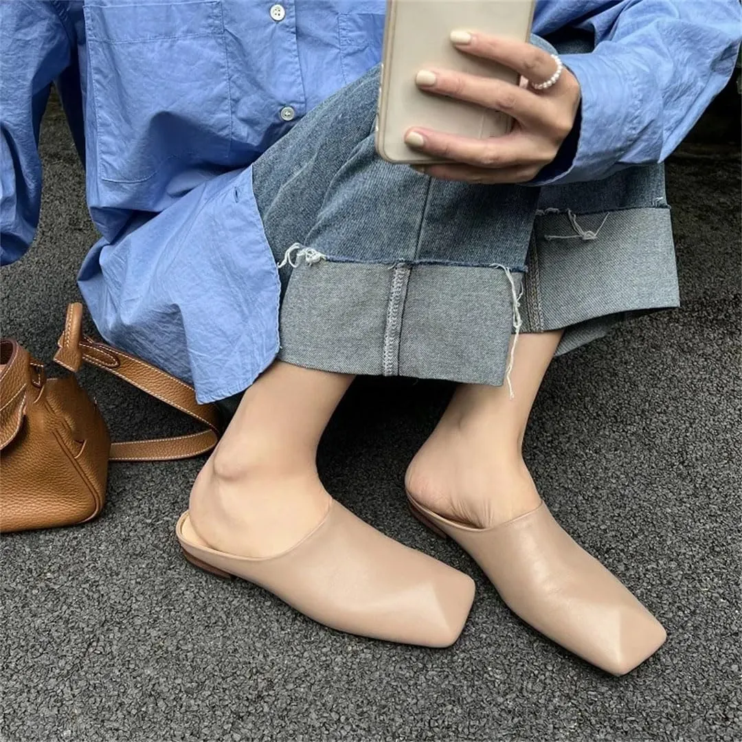 Women Concise Genuine Leather Square Toe Flat Heel Feather Detail Slip On Handmade Mules
