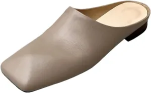 Women Concise Genuine Leather Square Toe Flat Heel Feather Detail Slip On Handmade Mules