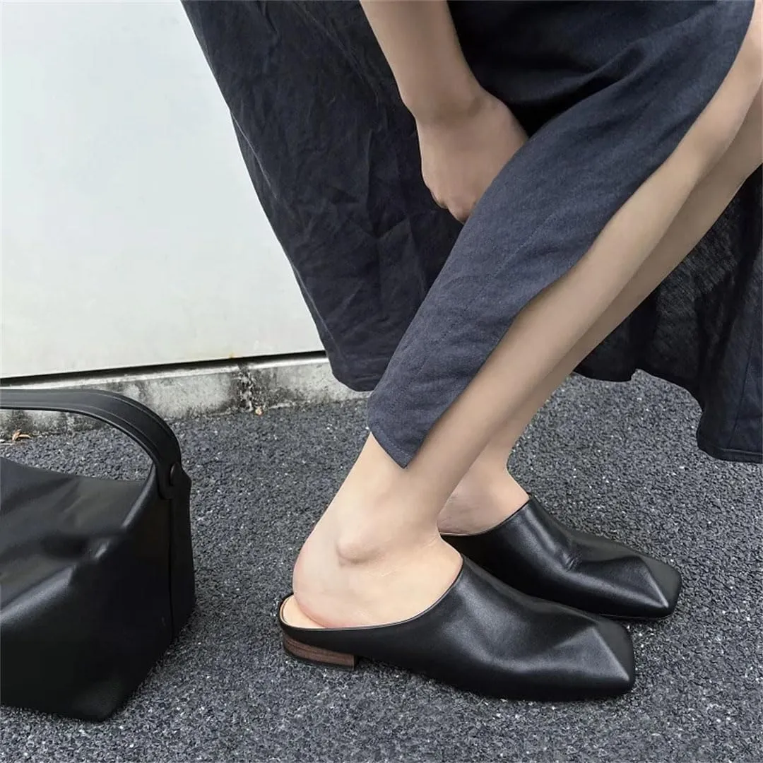 Women Concise Genuine Leather Square Toe Flat Heel Feather Detail Slip On Handmade Mules