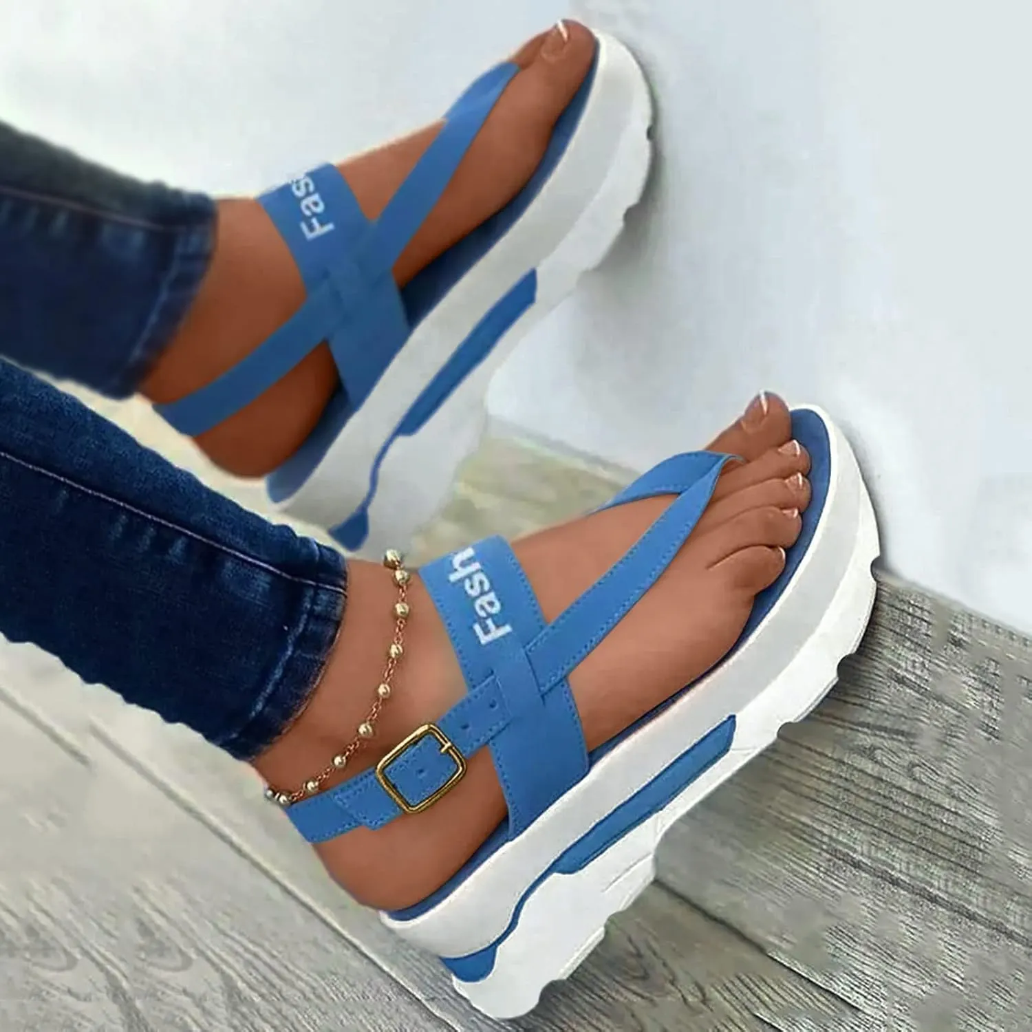 Women Platform Sandal Adjustable Buckle Ankle Strap Clip Toe Sandal Summer Open Toe Non Slip Flip Flops For Beach