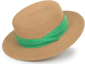 Women Spring Flat-Boater-Hat Thick-Straw-Hat Fall Sun-Hat Summer-Beach Fedora-Hat Medium