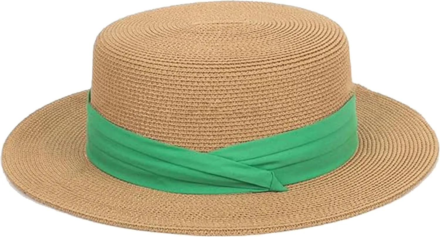 Women Spring Flat-Boater-Hat Thick-Straw-Hat Fall Sun-Hat Summer-Beach Fedora-Hat Medium
