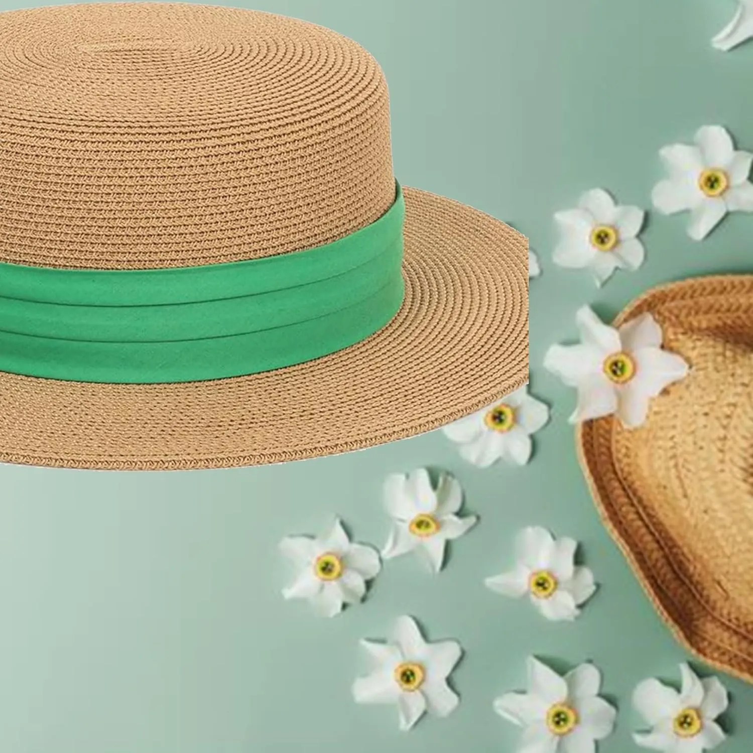 Women Spring Flat-Boater-Hat Thick-Straw-Hat Fall Sun-Hat Summer-Beach Fedora-Hat Medium