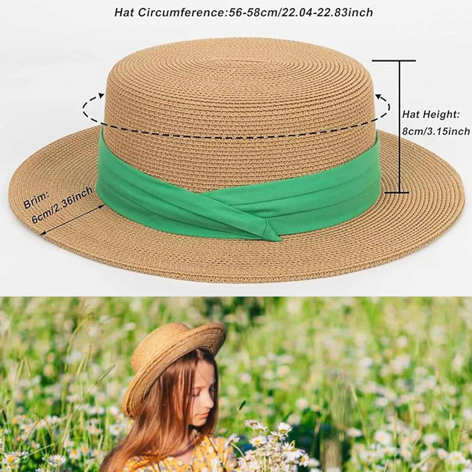 Women Spring Flat-Boater-Hat Thick-Straw-Hat Fall Sun-Hat Summer-Beach Fedora-Hat Medium