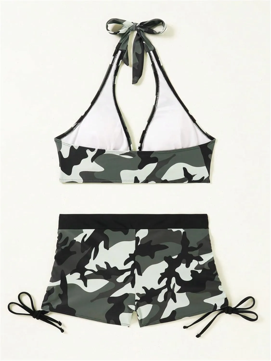 Women's 2 Piece Camo Swimsuits Halter Bikini Top with Drawstring Side Shorts Bathing Suits