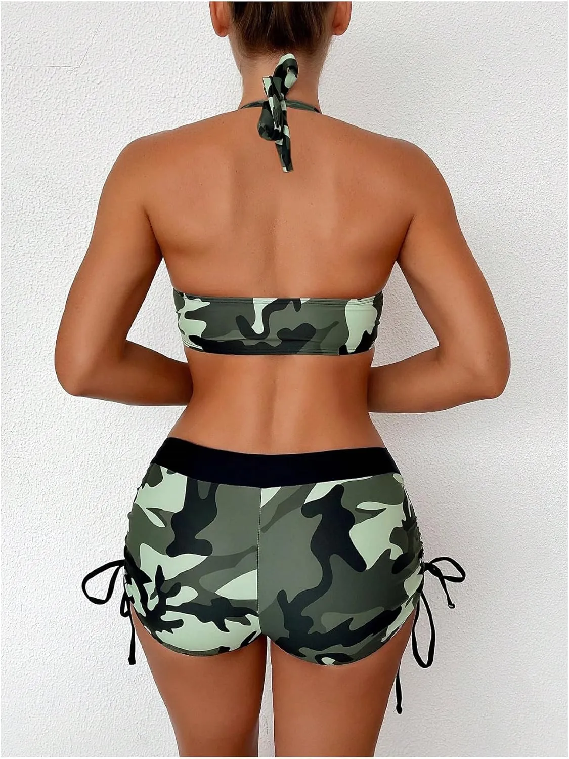 Women's 2 Piece Camo Swimsuits Halter Bikini Top with Drawstring Side Shorts Bathing Suits