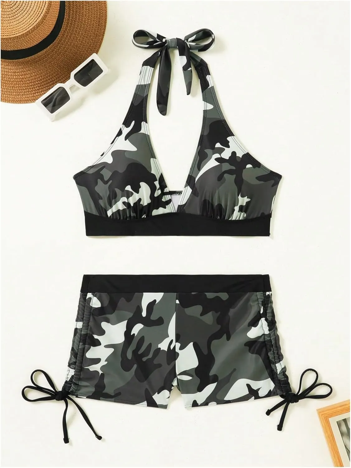 Women's 2 Piece Camo Swimsuits Halter Bikini Top with Drawstring Side Shorts Bathing Suits