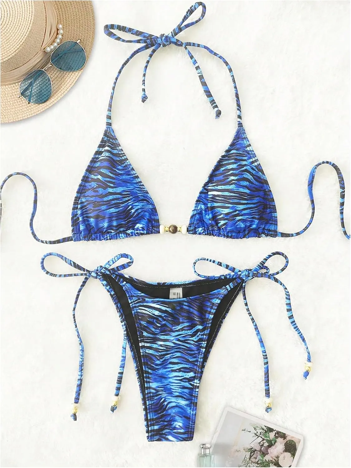Women's 2 Pieces Zebra Striped Bikini Set Halter Triangle Swimsuit Y2K Tie Side Bathing Suit