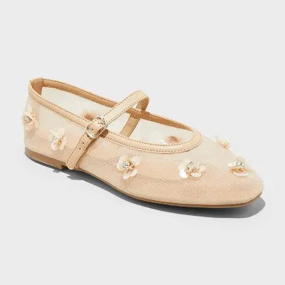Women's 8.5 Everly Floral Mesh Mary Jane Ballet Flats with Memory Foam Insole - A New Day Beige
