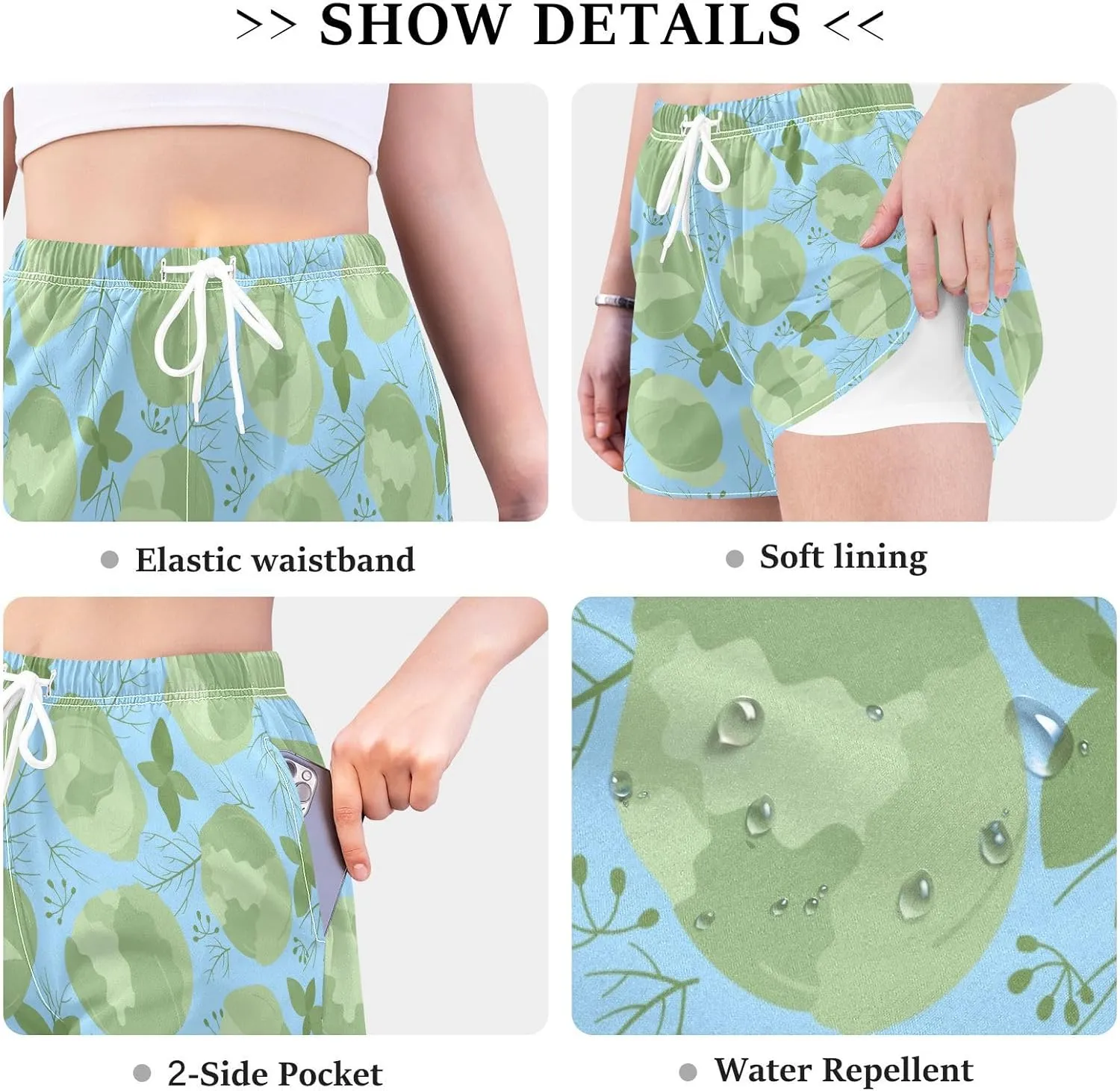Women's Athletic Shorts White Cabbage and Herbs Blue Workout Running Gym Quick Dry Liner Shorts with Pockets