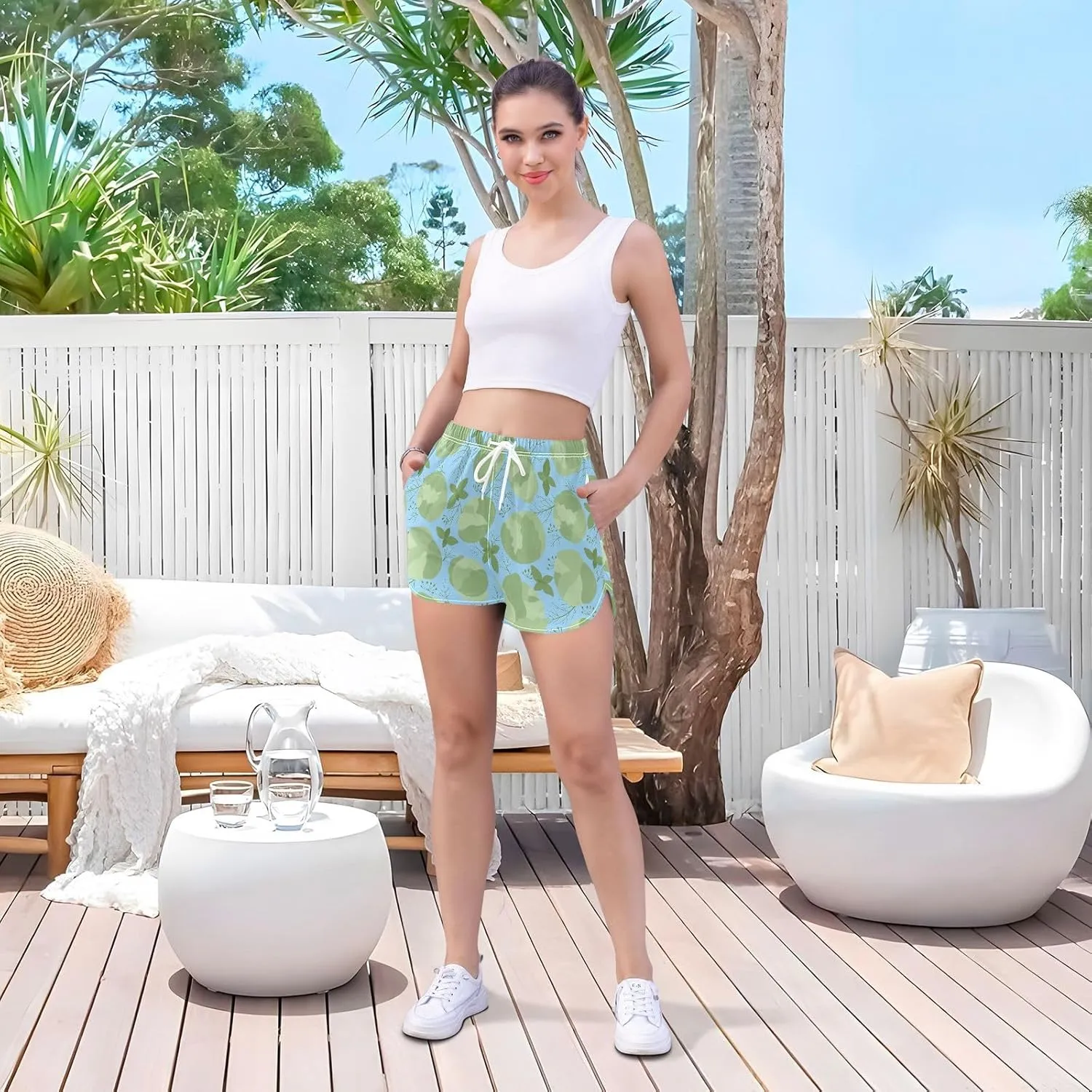 Women's Athletic Shorts White Cabbage and Herbs Blue Workout Running Gym Quick Dry Liner Shorts with Pockets
