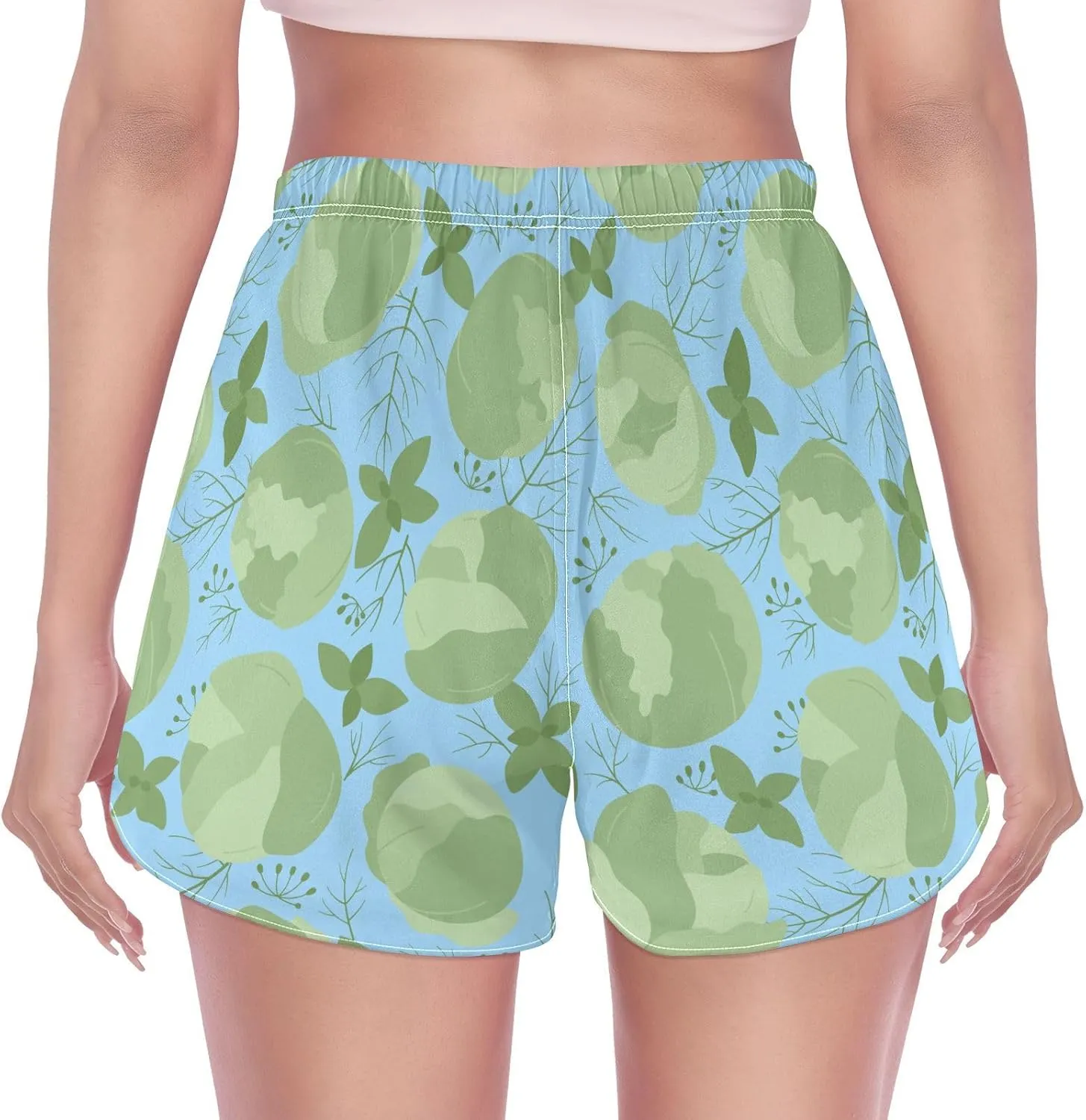 Women's Athletic Shorts White Cabbage and Herbs Blue Workout Running Gym Quick Dry Liner Shorts with Pockets