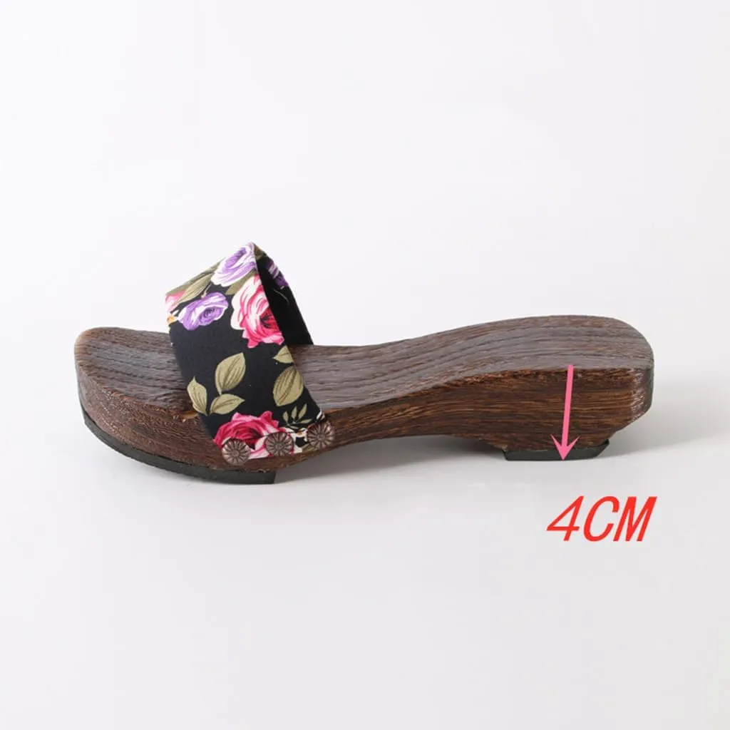 Women's Clogs Japanese Style Slippers,One Word Dragging Japanese-Style Casual Sandals,Summer Thick Soled Wooden Non Slip High Heels,Dance Kimono Shoes