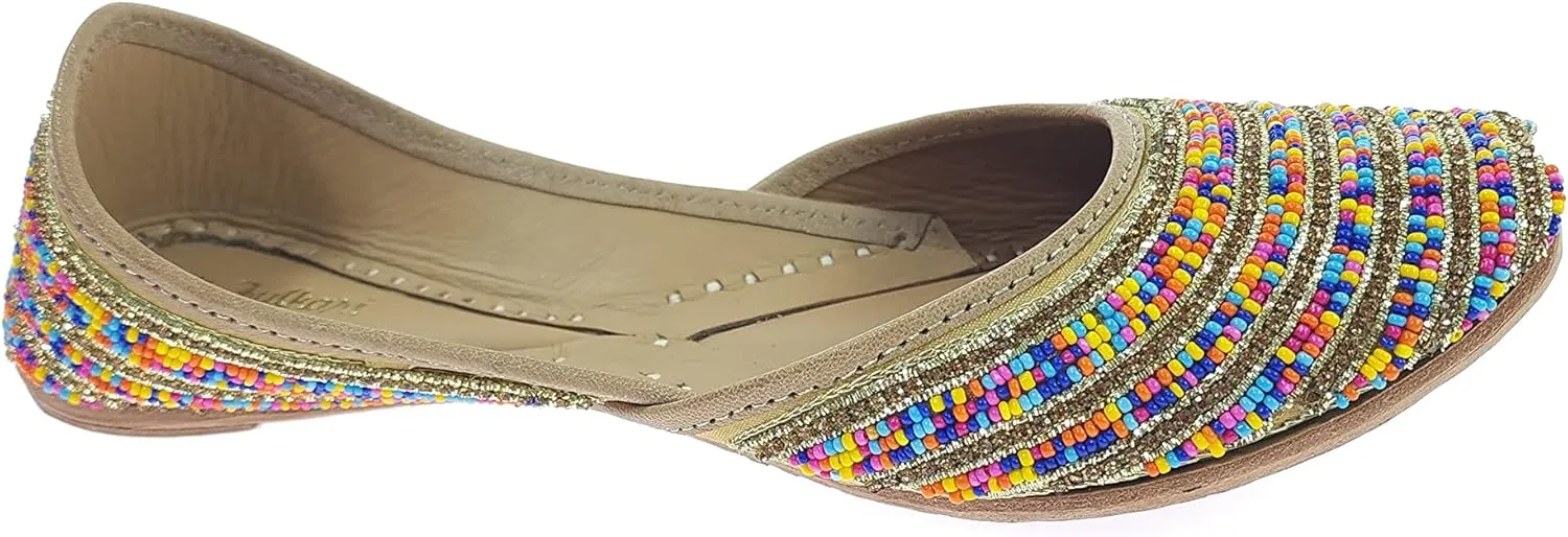 Women's Colors Beads Genuine Soft Leather Juttis | Bite and Pinch Free Jutis | Ladies Punjabi Jutti | Wedding Flat Stylish Mojari | Bridal Ethnic Flats For Girls |