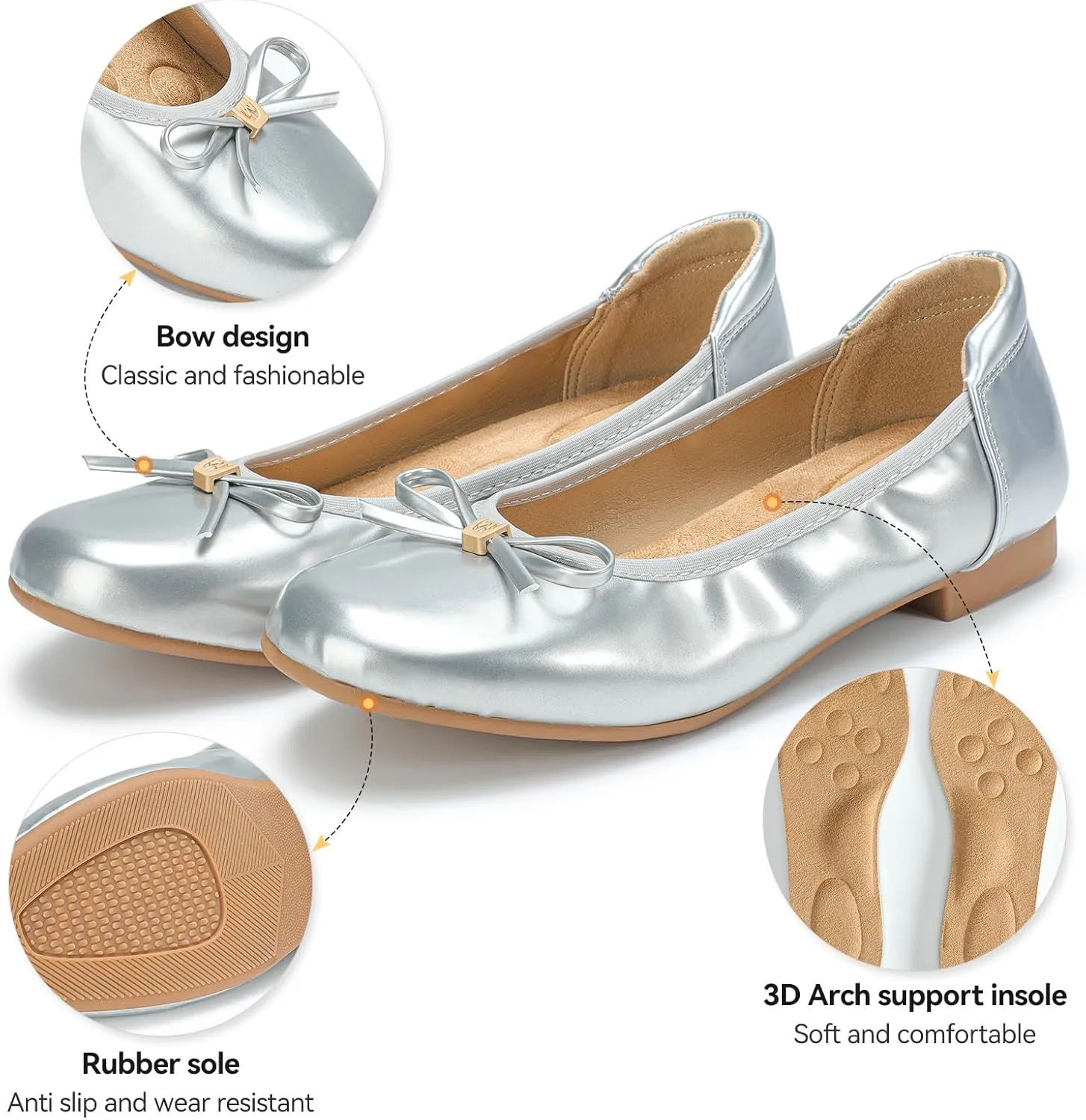 Women's Comfortable Ballet Flats Round Toe Flat Shoes for Women Bow Dressy Flats Shoes with Arch Support Insole