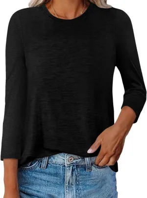 Womens Crew Neck 3/4 Sleeve T Shirts Casual Curved Hem Tunic Tops Basic Loose Fit Tees 2025