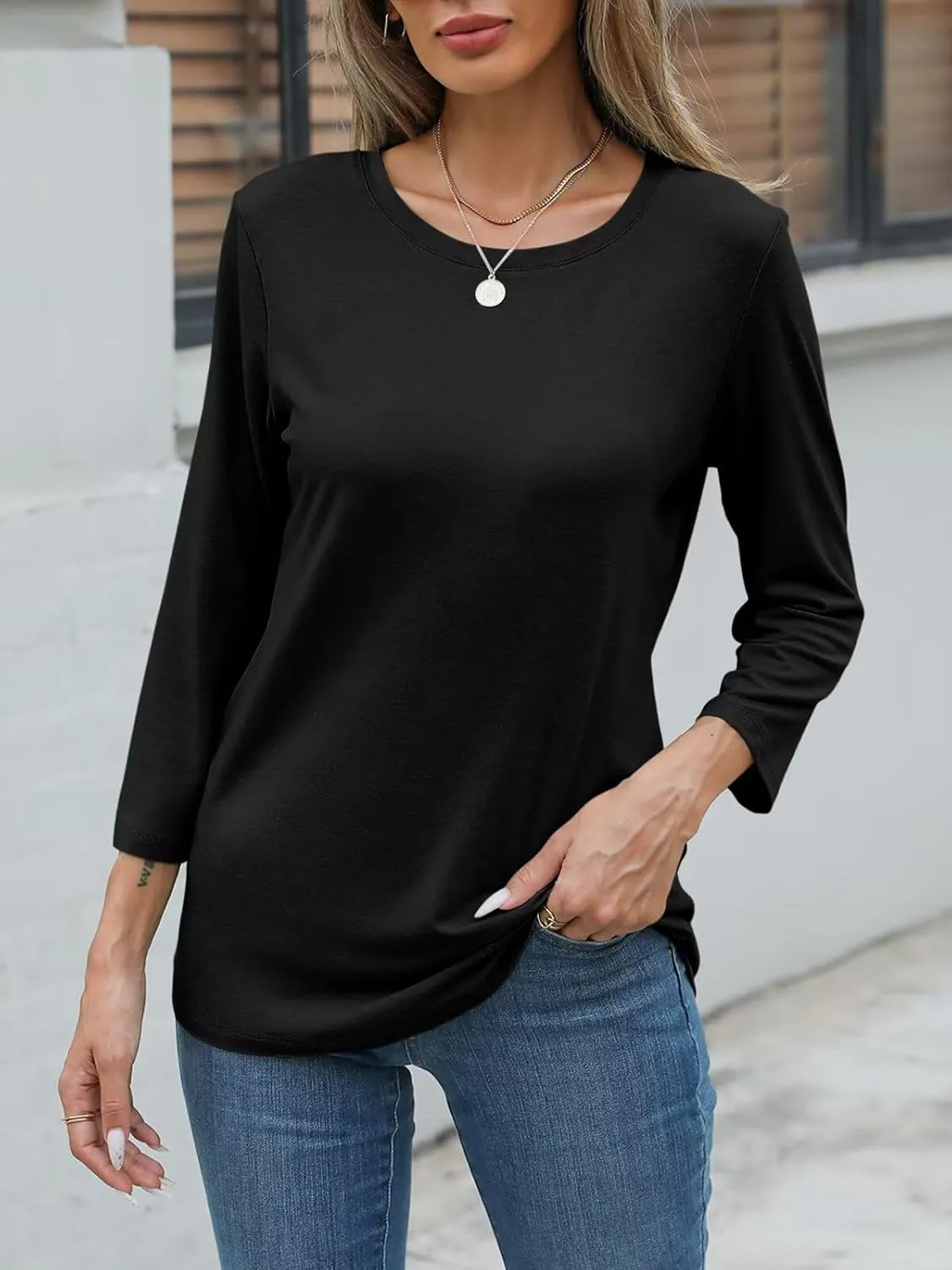 Womens Crew Neck 3/4 Sleeve T Shirts Casual Curved Hem Tunic Tops Basic Loose Fit Tees 2025