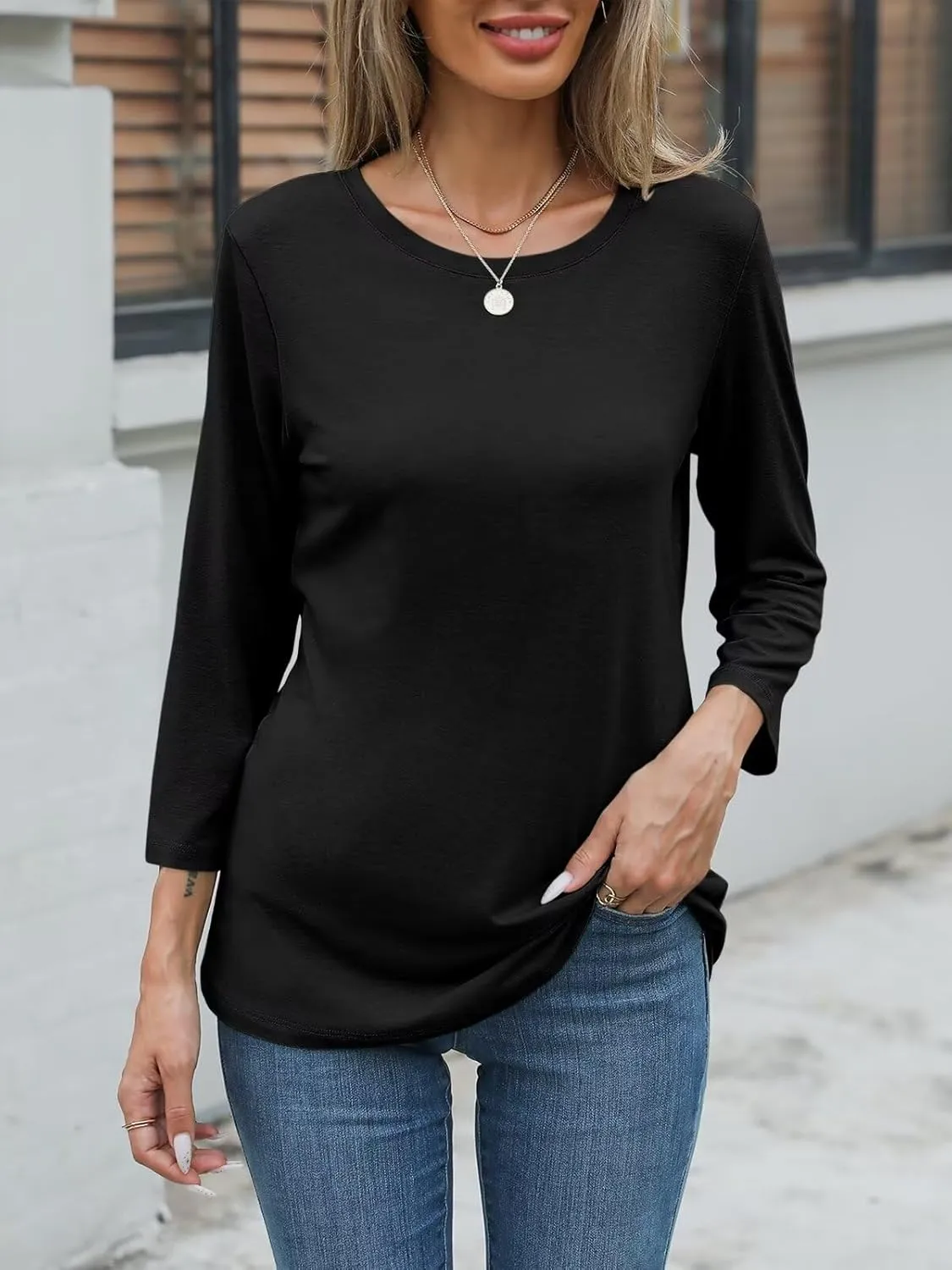 Womens Crew Neck 3/4 Sleeve T Shirts Casual Curved Hem Tunic Tops Basic Loose Fit Tees 2025