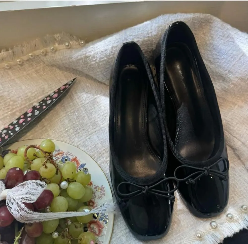 Women's Elegant Coquette Ballet Pumps Low Chunky Block Heels Square Toe Comfy Doll Shoes with Bowknots Cute Mary Janes Slip On Emo Shoes Office Business