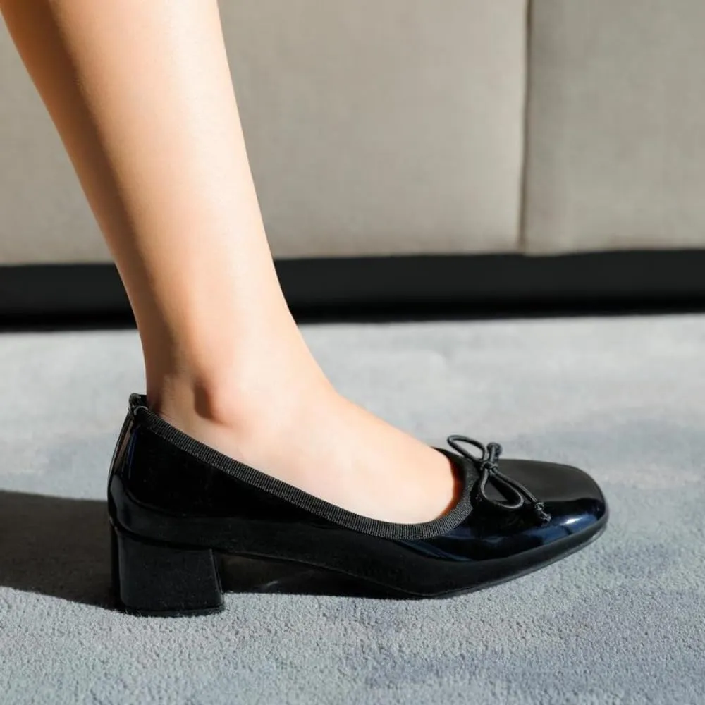 Women's Elegant Coquette Ballet Pumps Low Chunky Block Heels Square Toe Comfy Doll Shoes with Bowknots Cute Mary Janes Slip On Emo Shoes Office Business