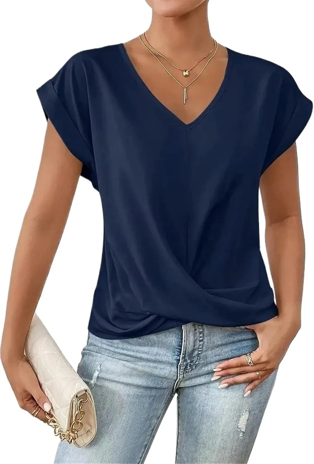 Women's Fashion Pleated Hem V Neck Pullover T Shirt Daily Solid Color Casual Commuter Short Sleeve Top Tees