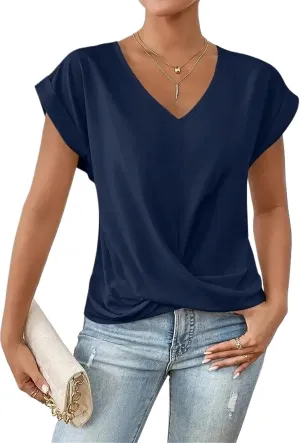 Women's Fashion Pleated Hem V Neck Pullover T Shirt Daily Solid Color Casual Commuter Short Sleeve Top Tees