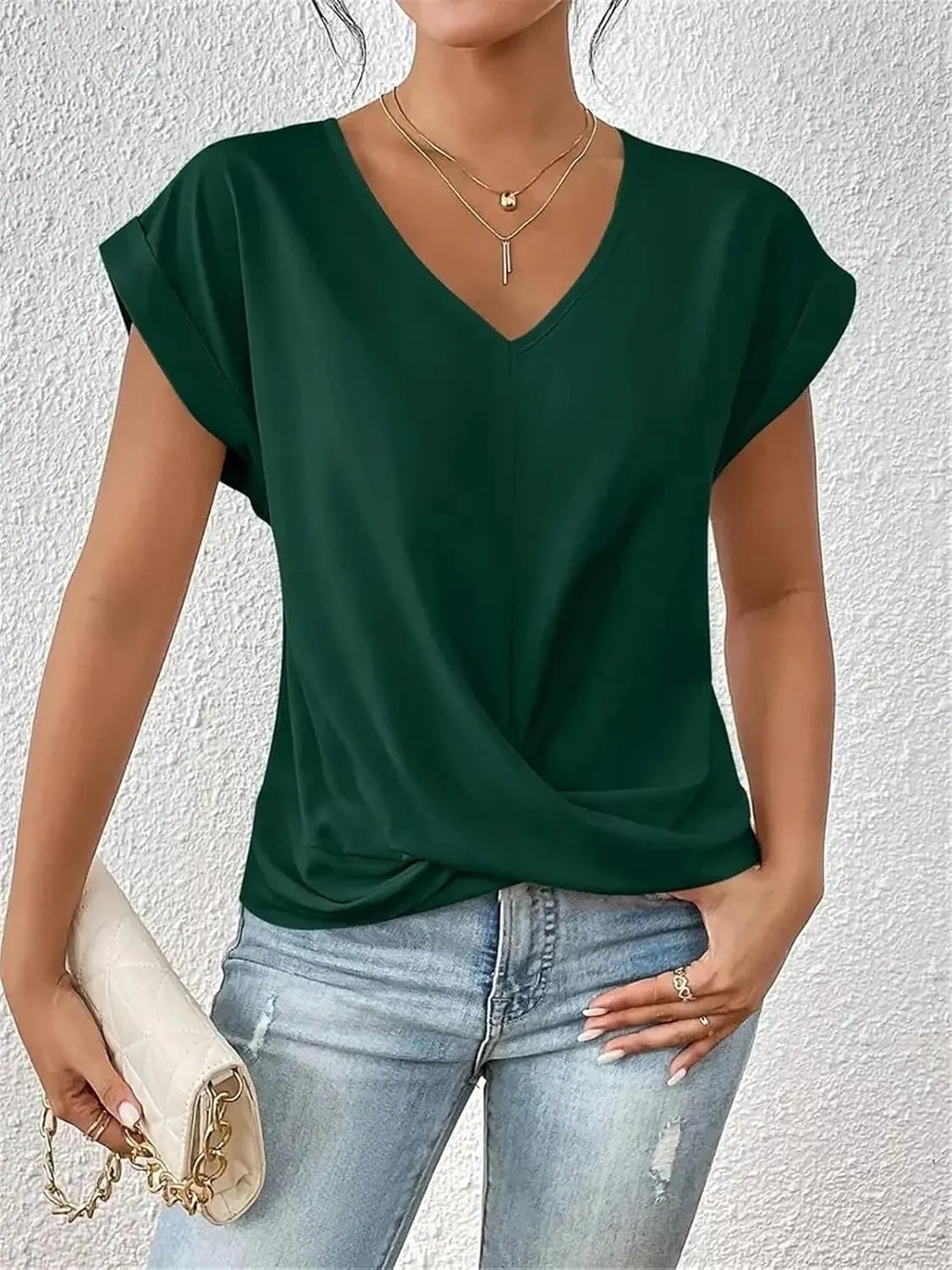 Women's Fashion Pleated Hem V Neck Pullover T Shirt Daily Solid Color Casual Commuter Short Sleeve Top Tees