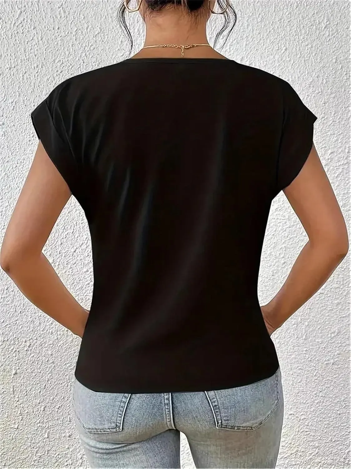 Women's Fashion Pleated Hem V Neck Pullover T Shirt Daily Solid Color Casual Commuter Short Sleeve Top Tees