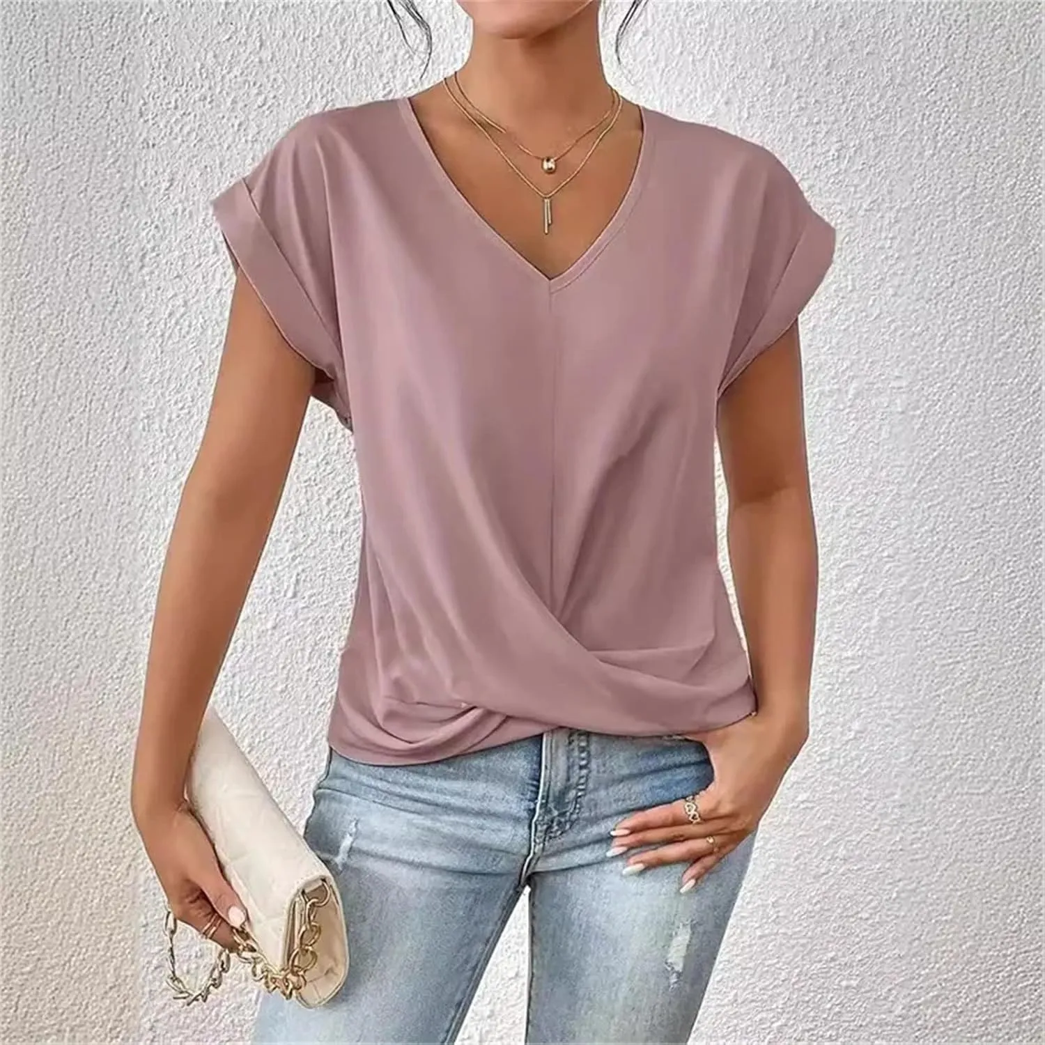 Women's Fashion Pleated Hem V Neck Pullover T Shirt Daily Solid Color Casual Commuter Short Sleeve Top Tees