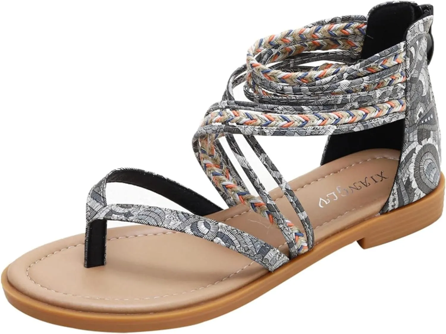 Women's Flip Flop Sandals Round Toe Lace up Woven Zipper Roman Summer Beach Sandals Outdoor Summer