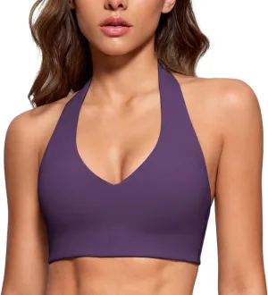 Womens Halter Longline Sports Bra Padded Low Back Yoga Bar Workout Crop Top with Built in Bra