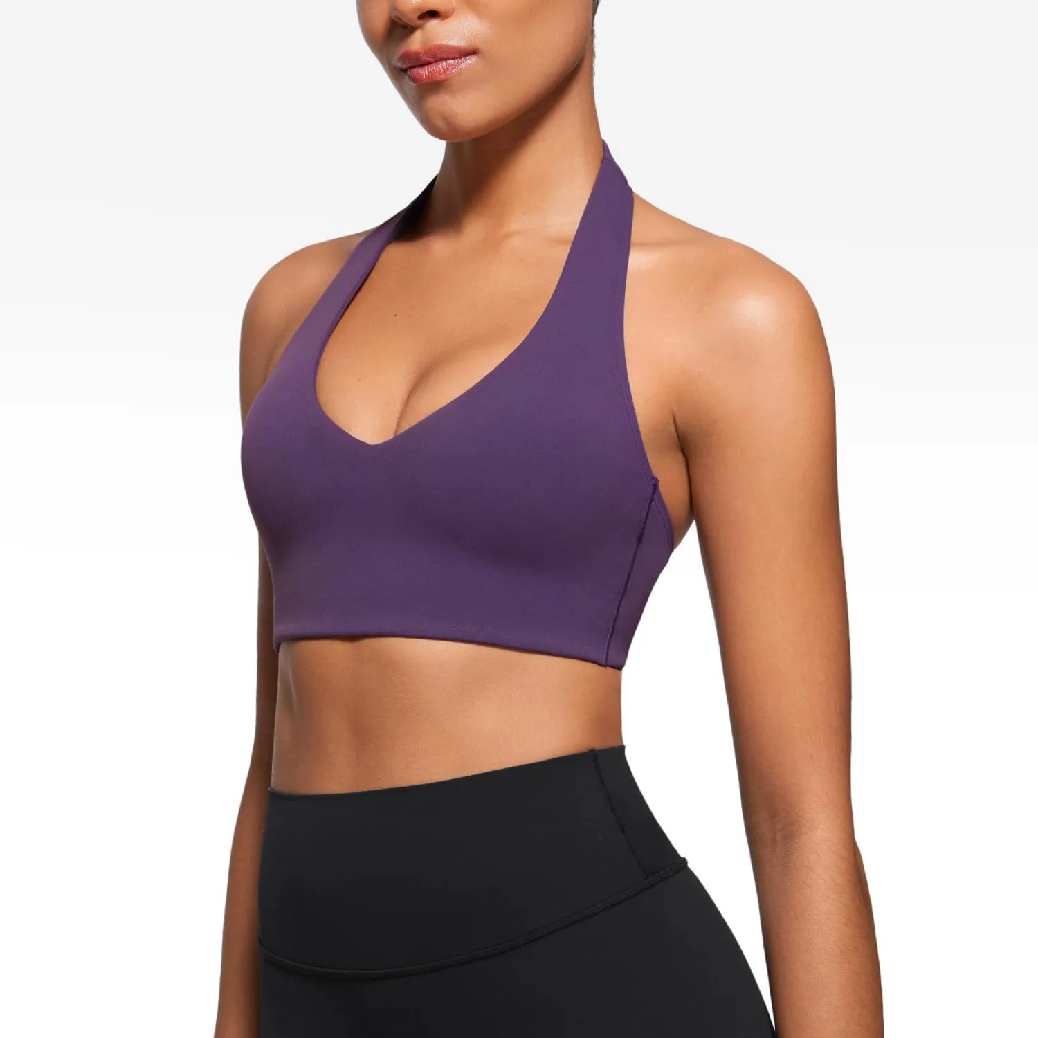 Womens Halter Longline Sports Bra Padded Low Back Yoga Bar Workout Crop Top with Built in Bra