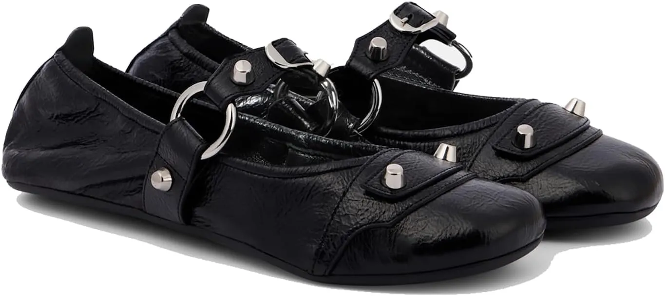 Women's Leather Punk Ballet Flats - Studded Slip-On Mary Jane Shoes, Y2K Round Toe Ballerinas for Work & Casual Wear